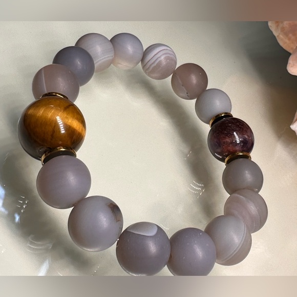 AGATE BANDED + TIGERS EYE + SUPER SEVEN  STONES BRACELET Size 7” - Picture 5 of 12